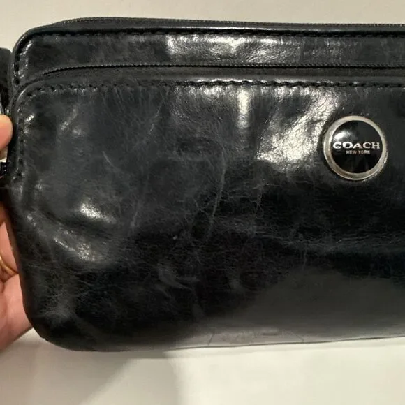 Coach Wristlet Black Leather Wallet Double Zip Striped Legacy Satin Lining 8x4 - Picture 8 of 16